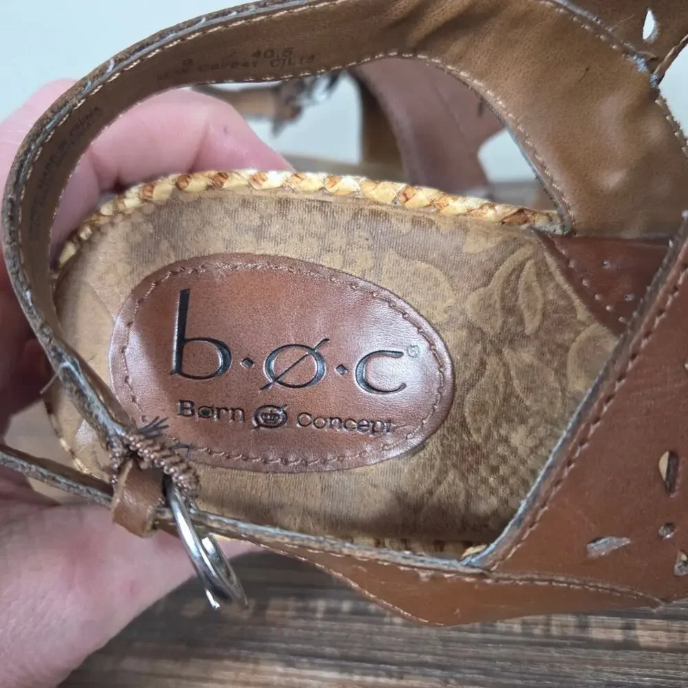 Born Concept Woman's Brown Leather Wedge Heel Tan Weave Sandal Size 9 Boho Indie